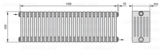 Схема (чертеж) Радиатор Zehnder Charleston 6045/25 №1670 Белый глянцевый RAL 9016